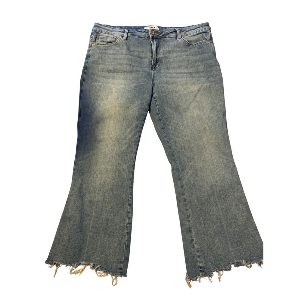 Mica Los Angeles Flare Jeans Medium Wash Frayed Raw Hem Size 16W Wide Leg Denim